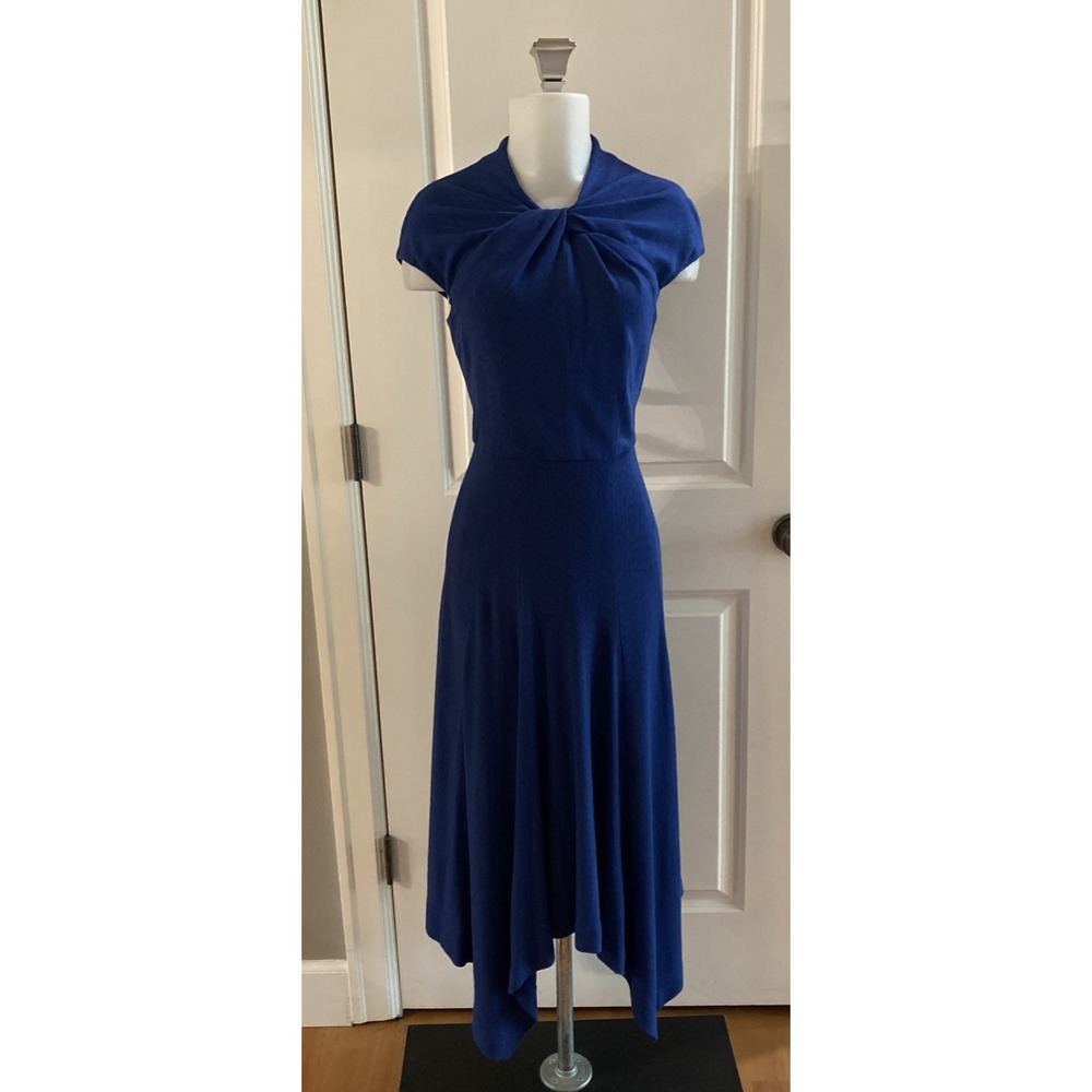 Karen Millen Blue Pleated Asymmetric Midi Dress Size 10 Cap Sleeve Crew Neck